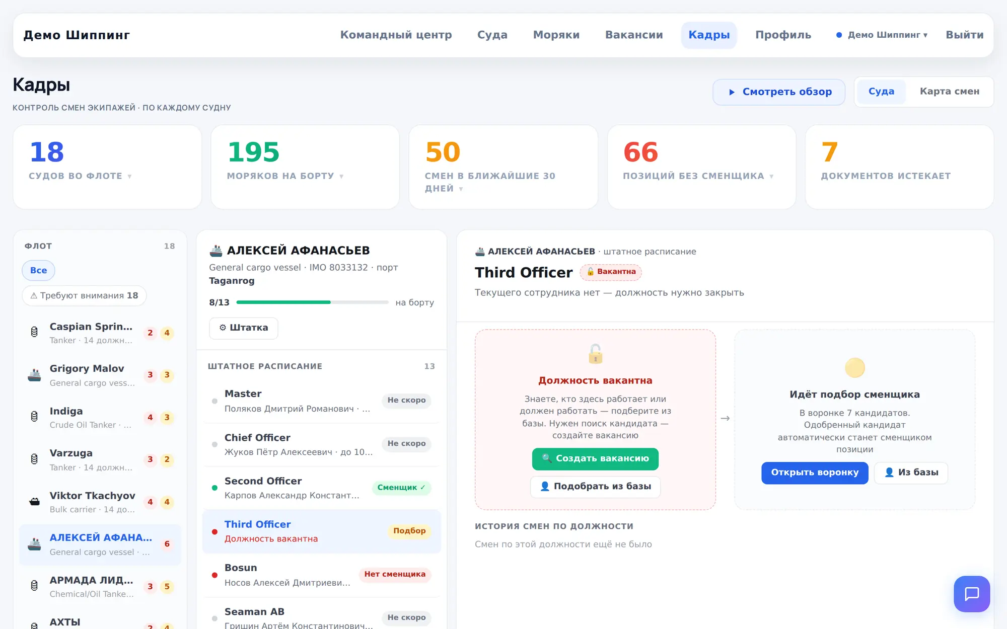 Кадры: штатное расписание судна — скриншот платформы Морской Сервис
